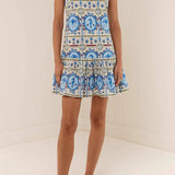 Rosa Clothing - Vintage Tile print Spaghetti Strap drop waist Mini Dress