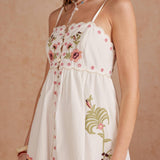 Strut & Bolt - Embroidered Palm & Floral Scalloped Babydoll Mini Dress