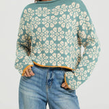 Rosa Clothing - Boho Floral Motif Rolled Neck Knit Sweater