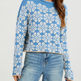 Rosa Clothing - Boho Floral Motif Rolled Neck Knit Sweater