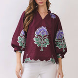 TCEC - CT10123-Floral Print Scalloped Hem Textured Blouse