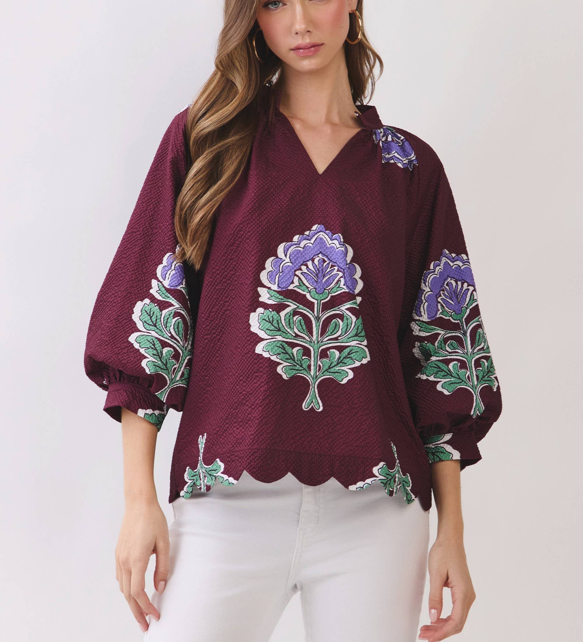 TCEC - CT10123-Floral Print Scalloped Hem Textured Blouse