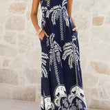 Rosa Clothing - Tropical vacation palm print A-line strappy maxi dress