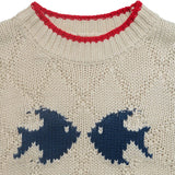 Rosa Clothing - Contrast Trim Fish Pattern Crewneck Knit Sweater