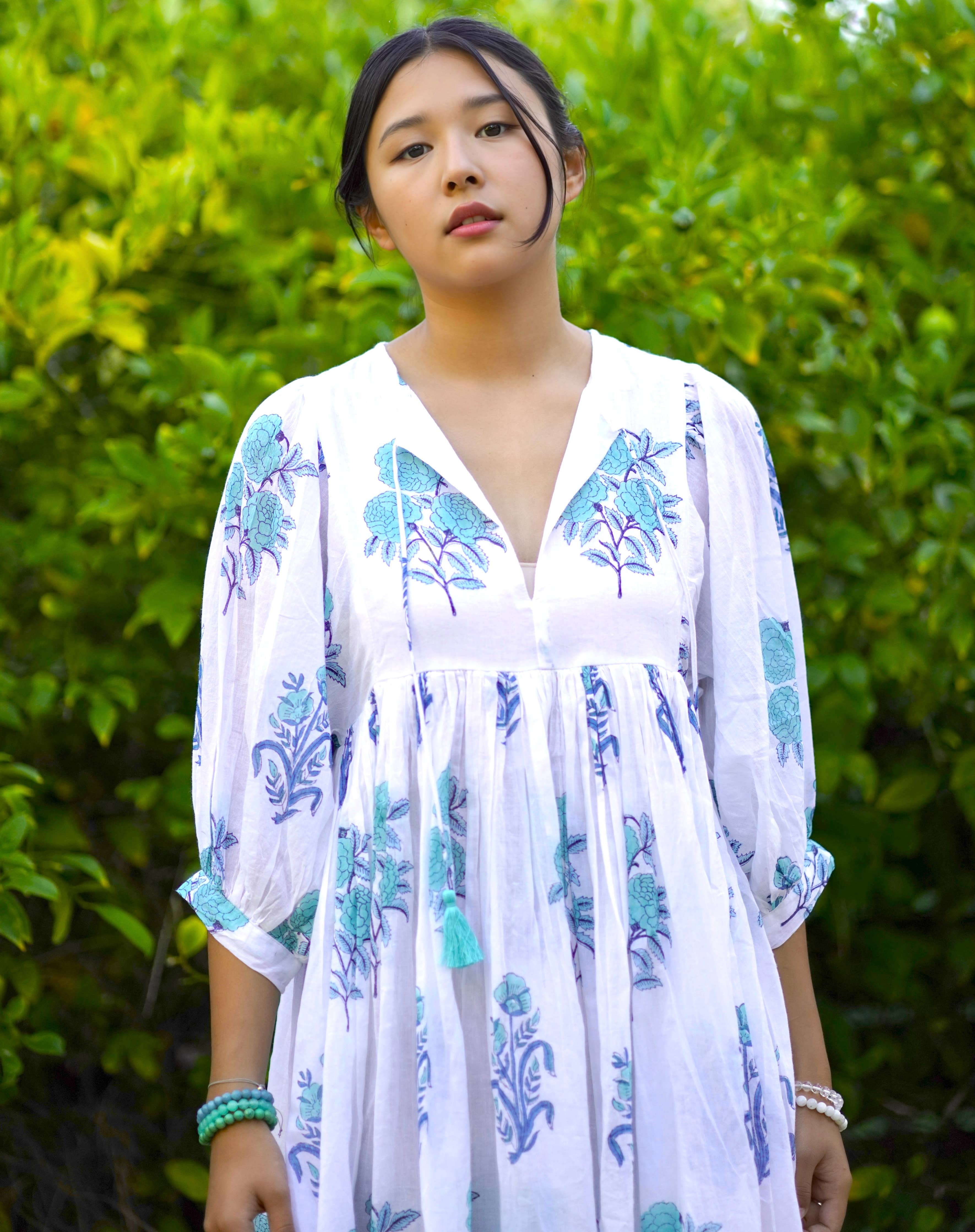 Dolma - Raya Block Printed Mini Dress White Turq