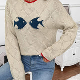 Rosa Clothing - Contrast Trim Fish Pattern Crewneck Knit Sweater