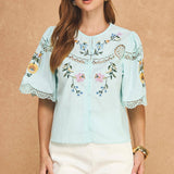 Strut & Bolt - Embroidered Floral Lace Detail Scalloped Short Sleeve Top