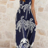 Rosa Clothing - Tropical vacation palm print A-line strappy maxi dress