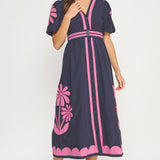 Strut & Bolt - Flower Patch Contrast Embroidery Midi Dress