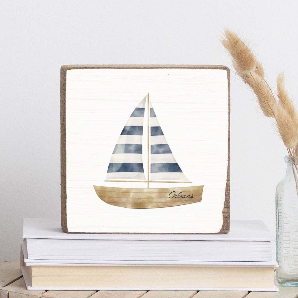 Rustic Marlin - Red Bank Watercolor Sailboat Decorative Wooden Block