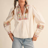 &MERCI - FLORAL CROSS STITCH EMBROIDERED PUFF SLEEVE TOP MTP4089