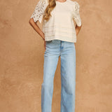 Strut & Bolt - Eyelet Embroidery Flutter Short Sleeve Pintuck Blouse