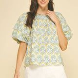 PINCH - TROPICAL PALM PRINT PUFF SLEEVE TOP - 7163TA
