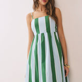 TCEC - CD06828-Striped Back Smocked Detail Side Pocket Maxi Dress