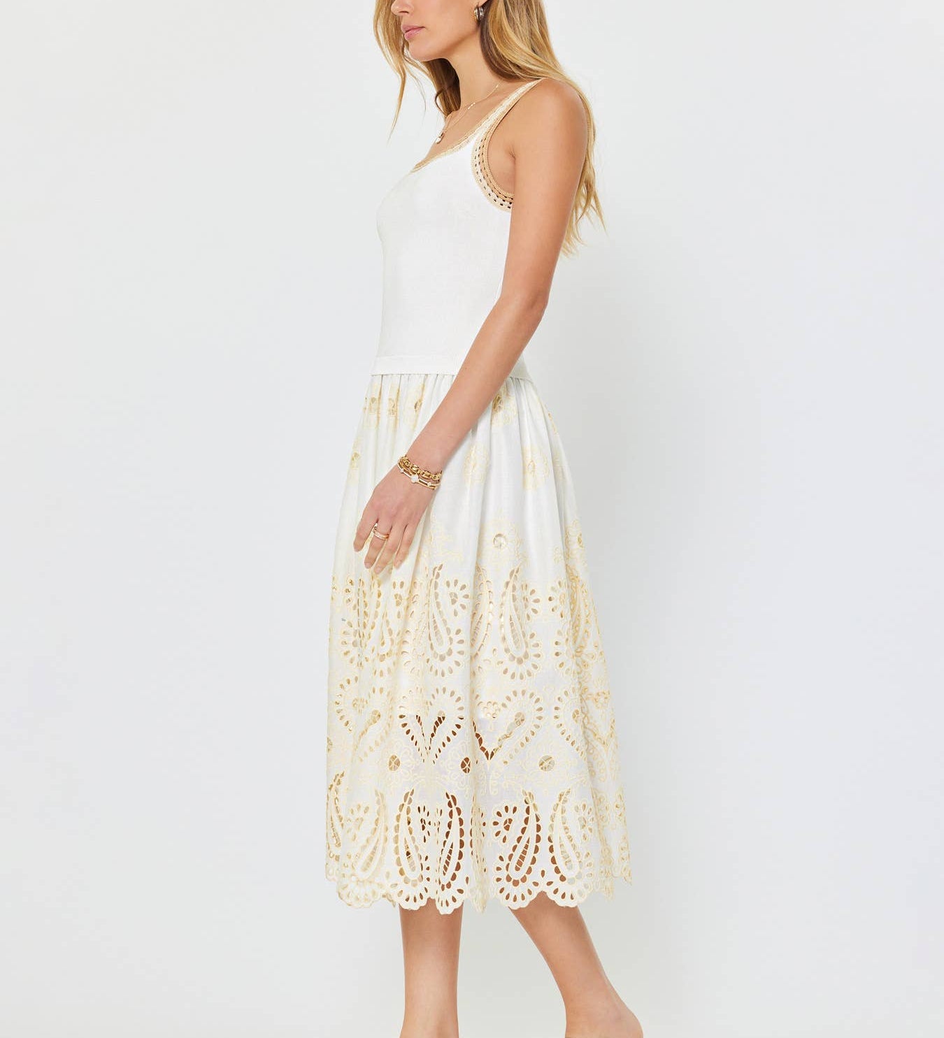 Current Air - Eyelet Skirt Sleeveless Sweater Combo Midi Dress