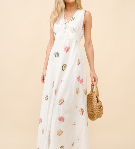 Seashell Embroidered Plunge Neck Maxi Dress