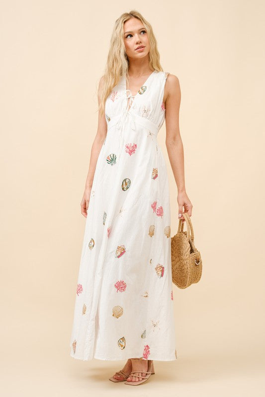 Seashell Embroidered Plunge Neck Maxi Dress