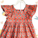 The Indian Bazaar - Girls Flutter Sleeve Dress - Peach Block Print