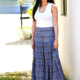 Dolma - Block Printed Tiered Cotton Skirt- Grey Blue 