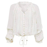 Rosa Clothing - Drawstring V Neck Puff 3/4 Sleeve Boho White Shirt