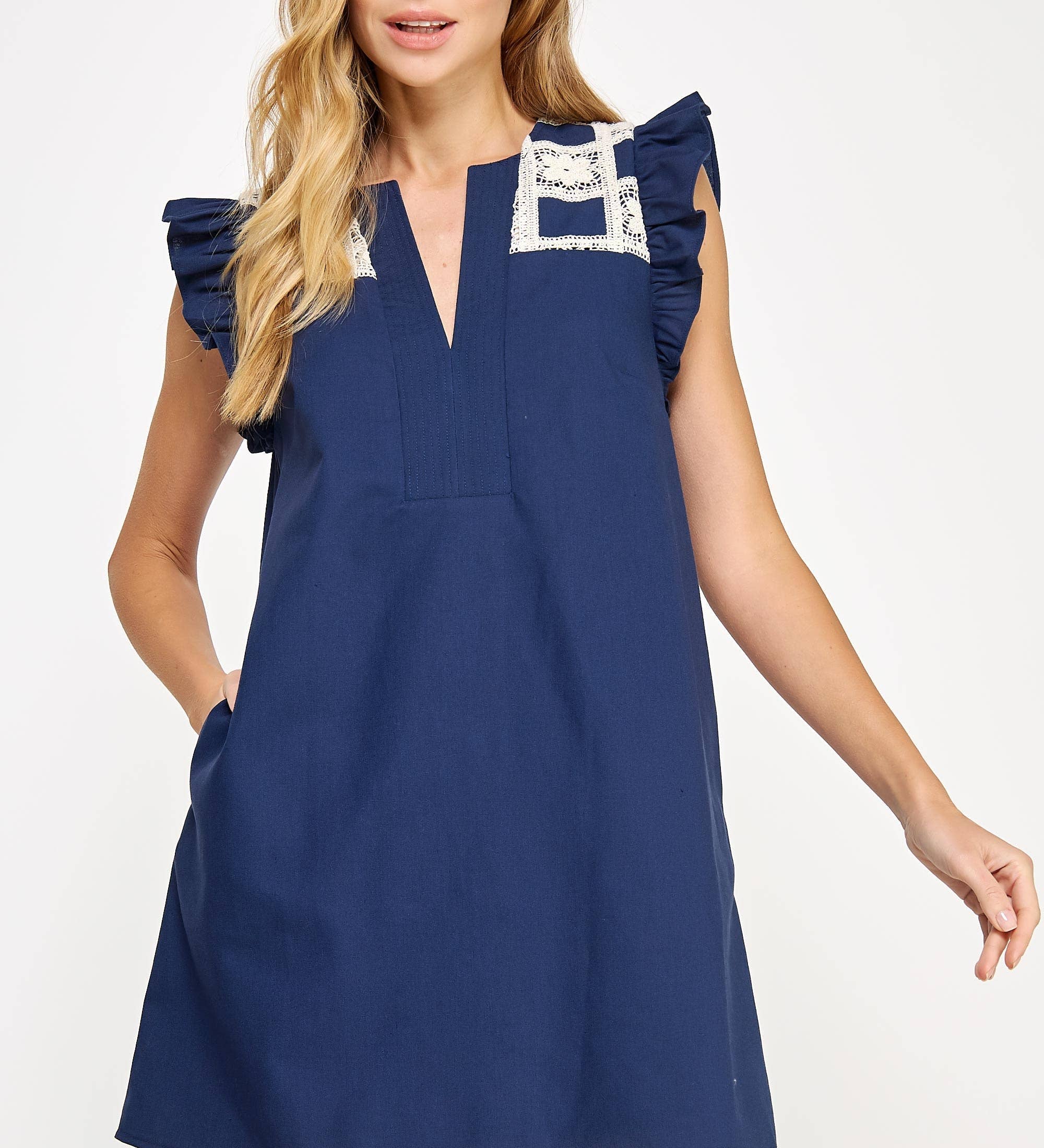Crochet Detail Linen Mini Dress