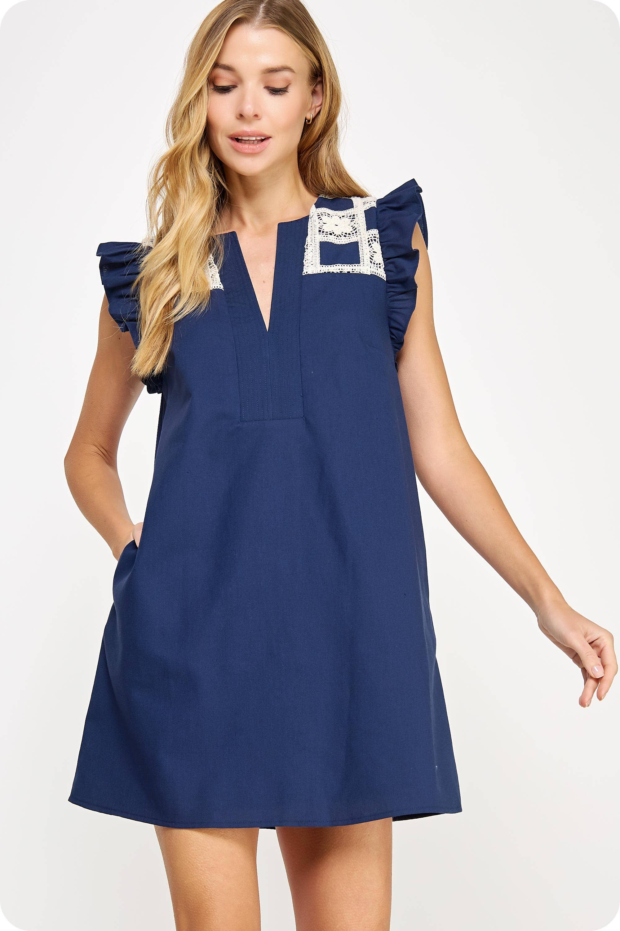 Crochet Detail Linen Mini Dress