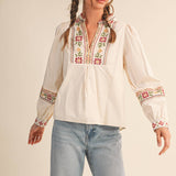 &MERCI - FLORAL CROSS STITCH EMBROIDERED PUFF SLEEVE TOP MTP4089