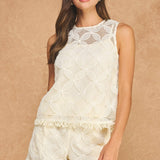 Strut & Bolt - Fringe Hem Floral Medallion Crochet Sleeveless Top