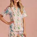 Strut & Bolt - Garden Party Crochet Contrast Trim Satin Shirt