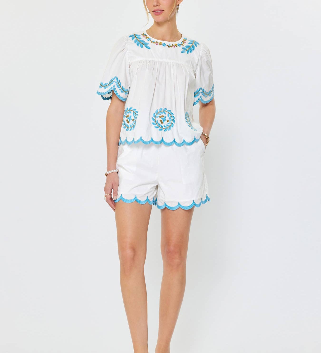 Current Air - Embroidered Peasant Short Sleeve Blouse