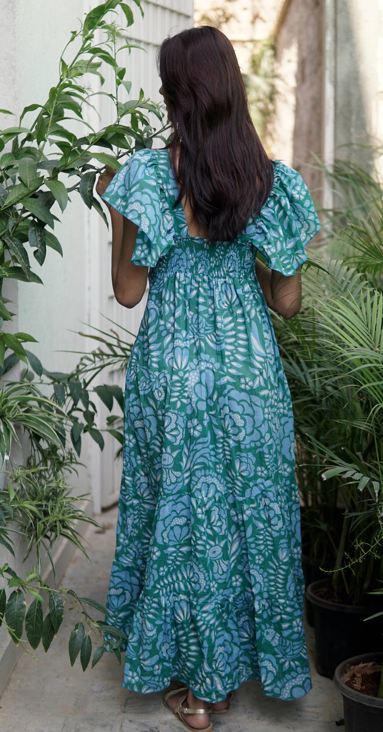 La Mandarine - Summer maxi dress. Green, blue and white cotton printed beac