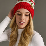 Panache Apparel Co. - Ivory & Red Holly Patterned Pom Hat