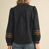 &MERCI - FLORAL CROSS STITCH EMBROIDERED PUFF SLEEVE TOP MTP4089
