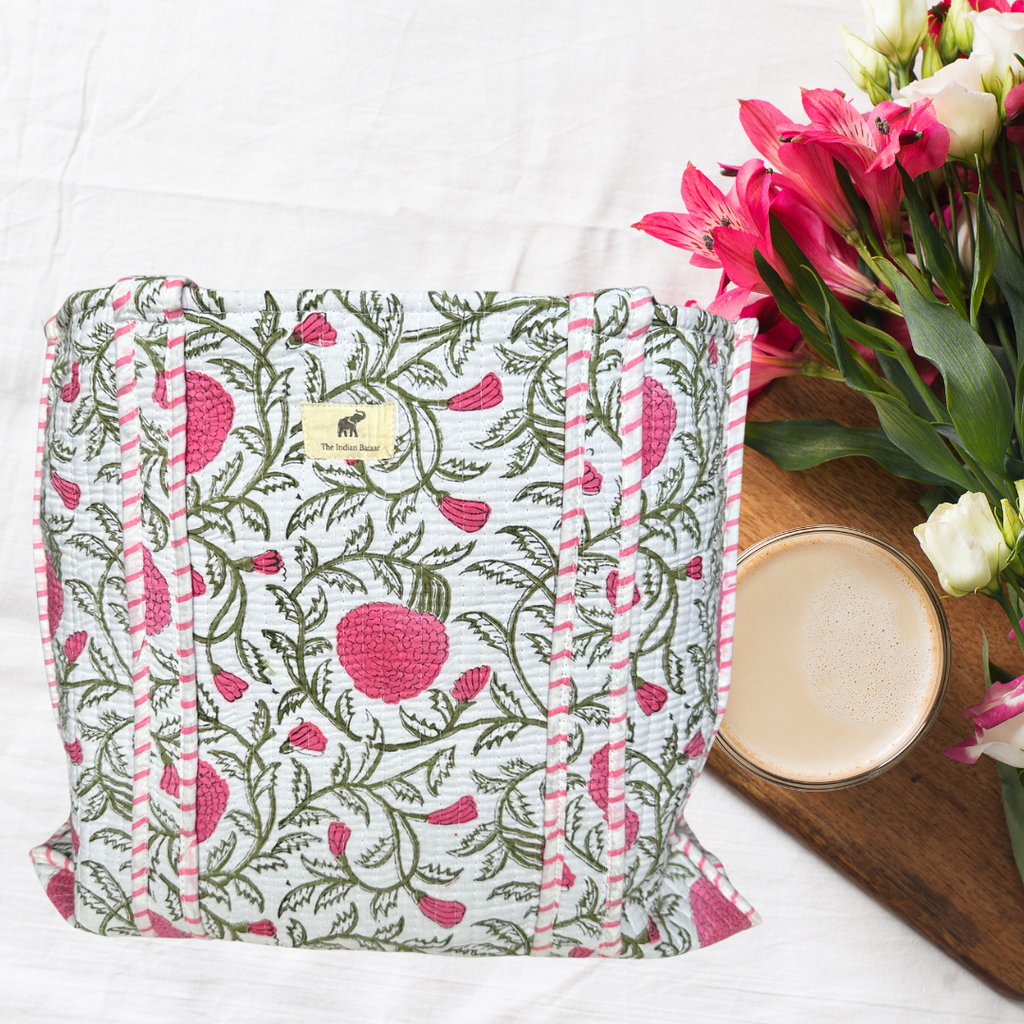 The Indian Bazaar - Quilted Cotton Reversible Tote Bag - Vine Pink Floral Print