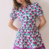 TCEC - CD06754-Floral Puff Sleeve Mini Dress With Border Hem