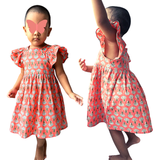 The Indian Bazaar - Girls Flutter Sleeve Dress - Peach Block Print