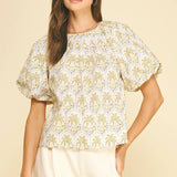 PINCH - TROPICAL PALM PRINT PUFF SLEEVE TOP - 7163TA