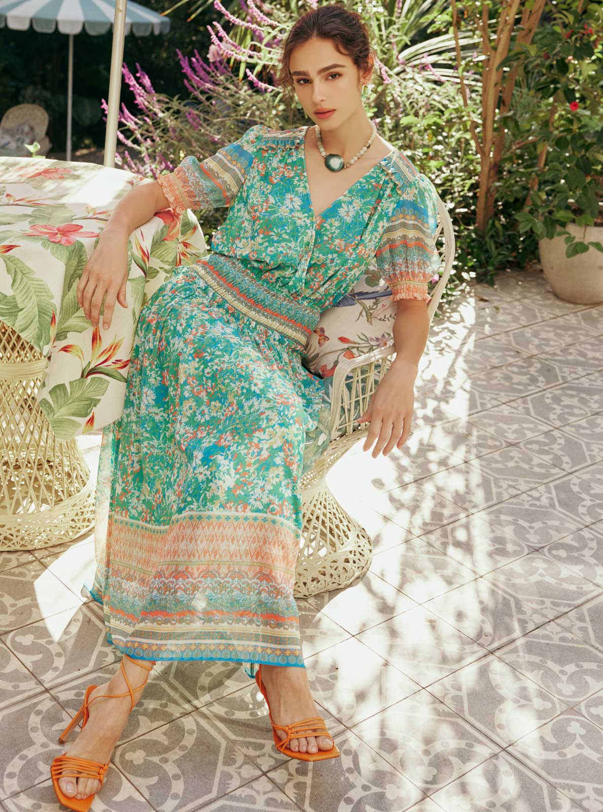 Current Air - Floral Border Print Surplice Midi Dress