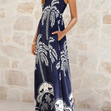 Rosa Clothing - Tropical vacation palm print A-line strappy maxi dress