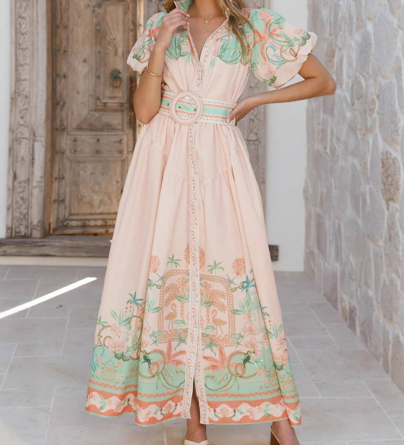 casual tropical dress In The Sand Sky Blue Tropical Print Maxi Dress