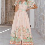 Rosa Clothing - Vacation Casual Tropical Print Puff-Sleeve Maxi Dress