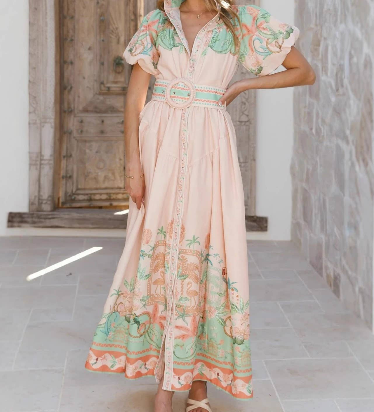 Rosa Clothing - Vacation Casual Tropical Print Puff-Sleeve Maxi Dress
