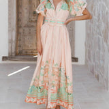 Rosa Clothing - Vacation Casual Tropical Print Puff-Sleeve Maxi Dress