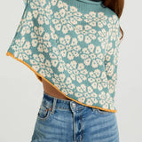 Rosa Clothing - Boho Floral Motif Rolled Neck Knit Sweater