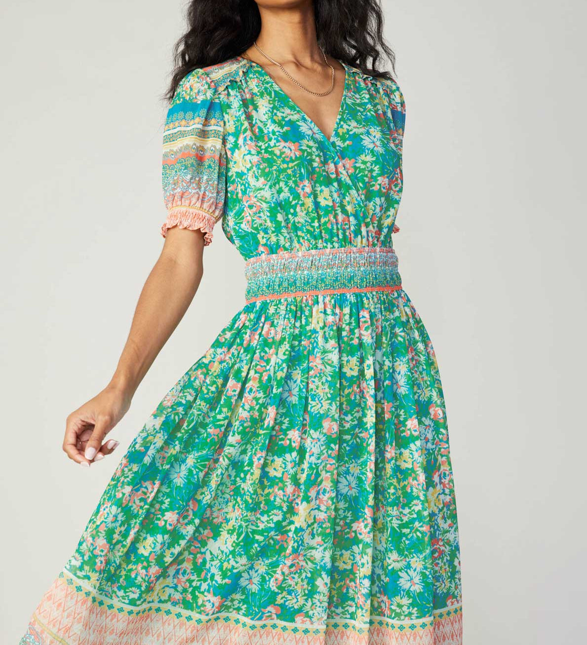 Current Air - Floral Border Print Surplice Midi Dress Green Multi / L Current Air - Floral Border Print Surplice Midi Dress Green Multi / L