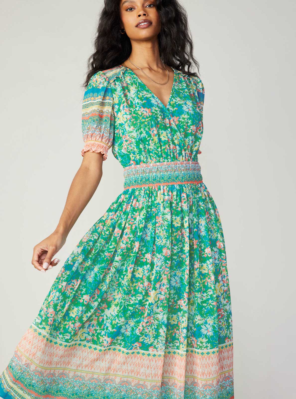 Current Air - Floral Border Print Surplice Midi Dress
