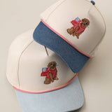 Fashion City - Golden Retriever Holding USA Flag Denim Brim Trucker Hat