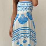 Rosa Clothing - Ocean Inspired scallop print Spaghetti straps maxi dress