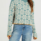 Rosa Clothing - Boho Floral Motif Rolled Neck Knit Sweater