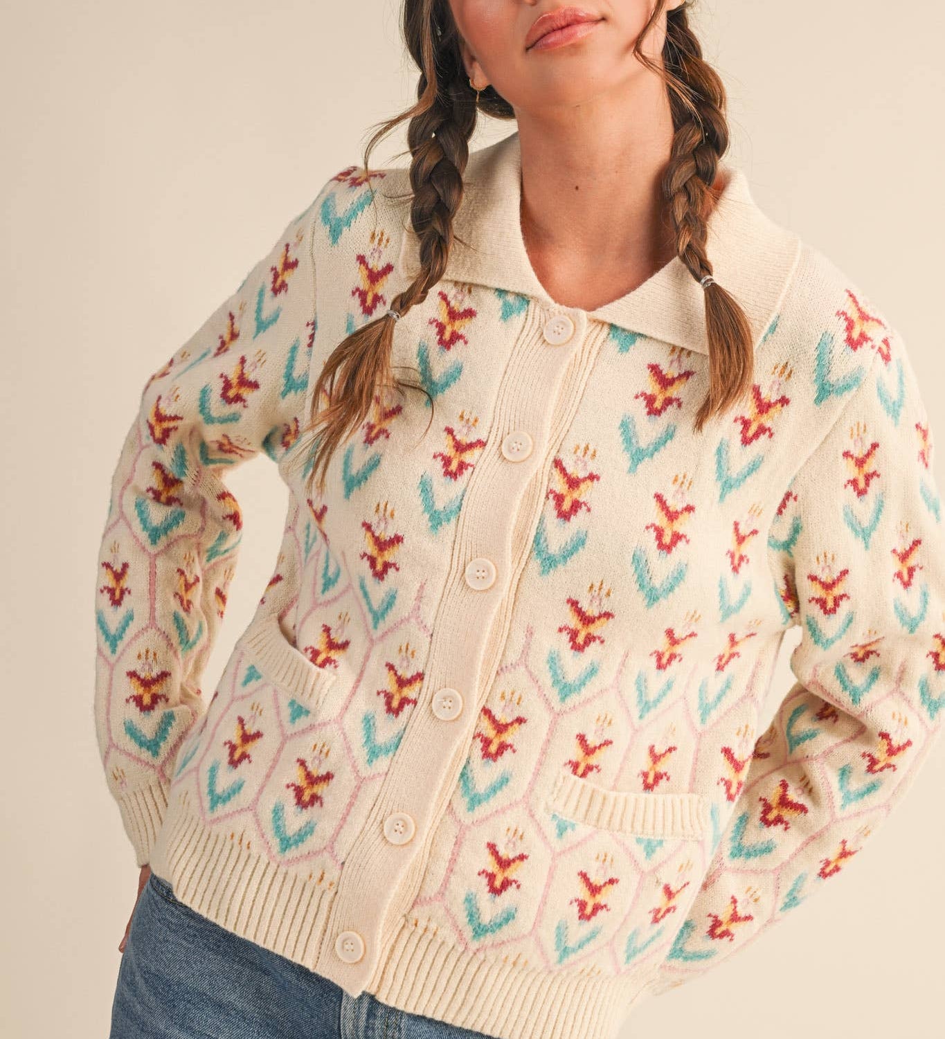 &MERCI - FLORAL KNIT COLLARED SWEATER CARDIGAN MSW11113